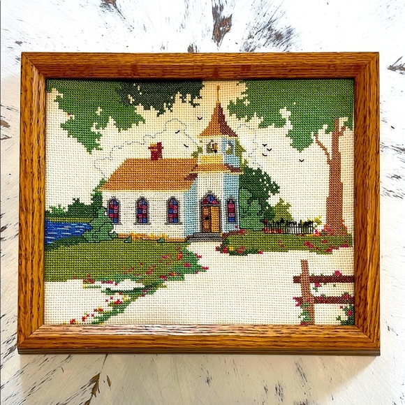 Landscape Embroidery Needle Point Art with Wooden Frame - Picture 1 of 7